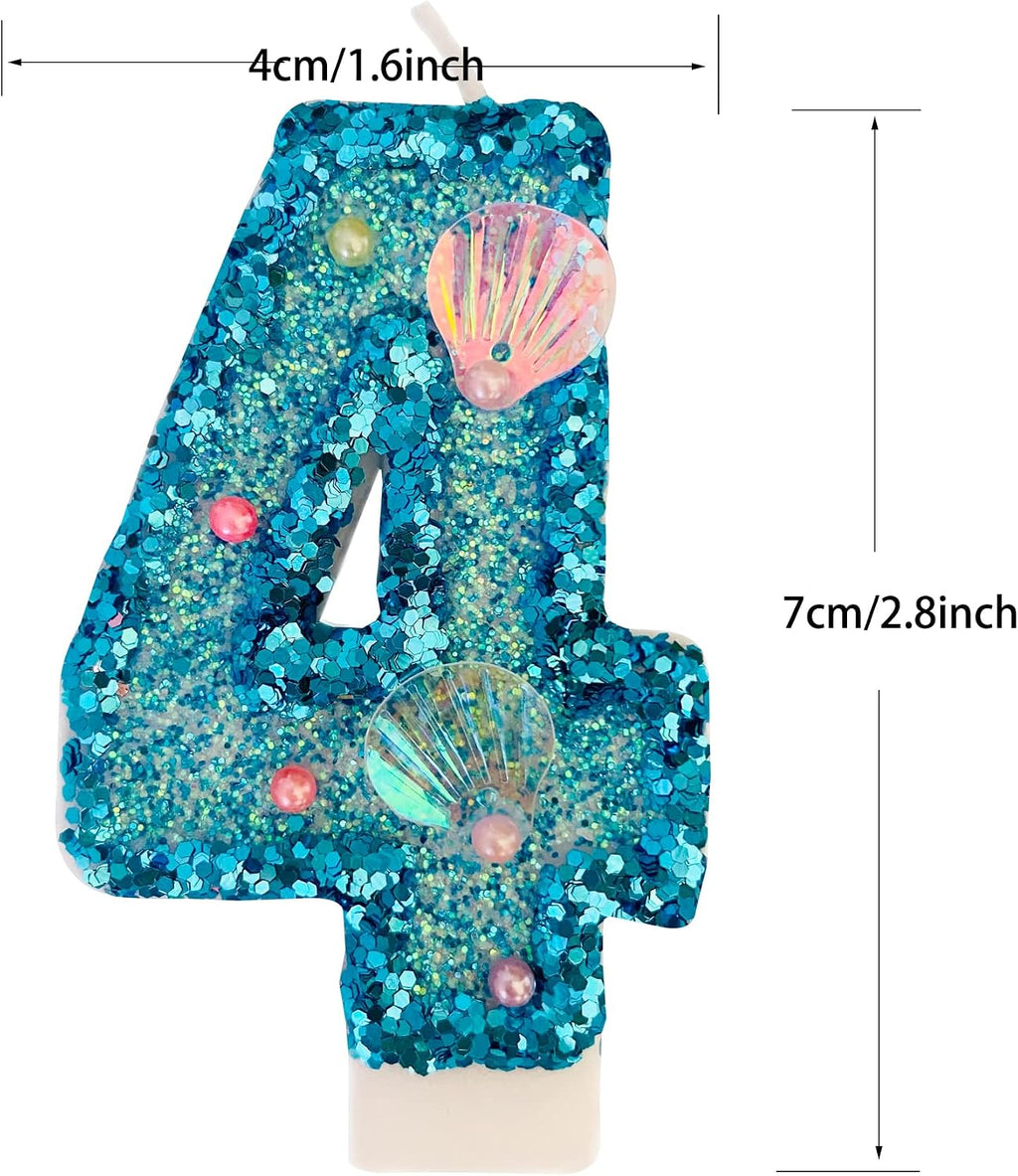 Blue Number Candle,Shell Sequins Number Candles for Birthday Cakes Mermaid Themed Party Supplies Number 4 Candle