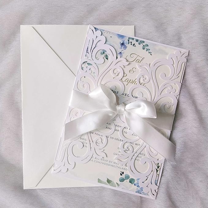 25PCS Pearl White Laser Cut Wedding Invitations Cards with Envelopes,Blank Inner Sheets,Ribbons for Wedding Bridal Shower Quinceañera Engagement Birthday Invites (B001)