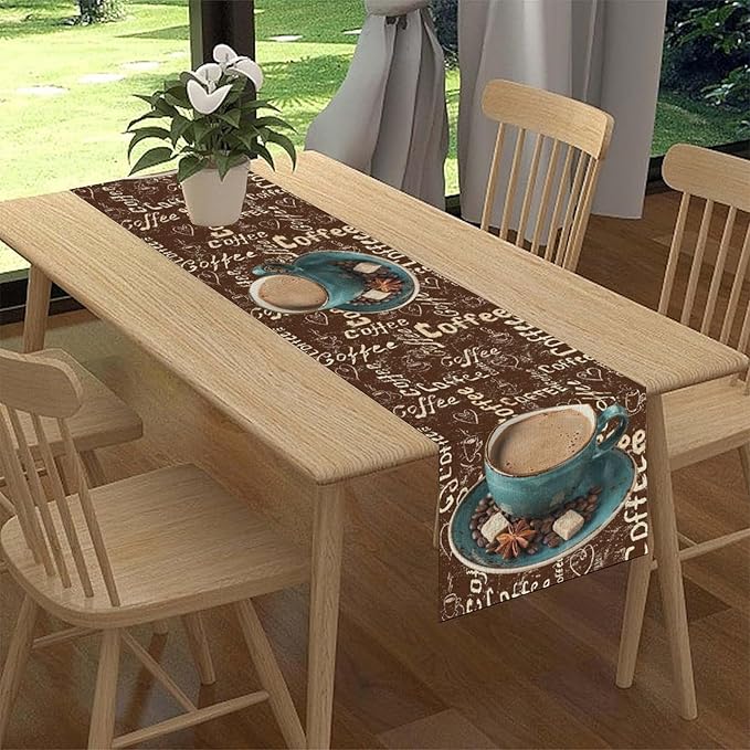 Coffee Theme Table Runner, Farmhouse Retro Brown Coffee Cup Tea Party Rustic Cafe Table Center Decor for Home Kitchen Dining Patio Holiday Party Indoor Outdoor Table Decorations,13"x72" Inch