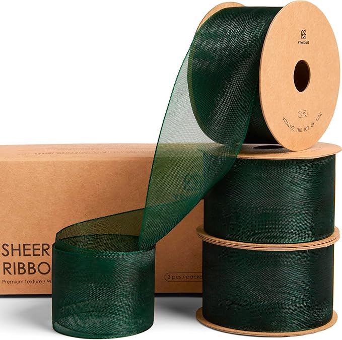 Vitalizart Green Organza Ribbon 1.5" x 30 Yd Sheer Ribbons Dark Green for Christmas Decor Gift Wrapping Crafts Bows Wedding Invitations Wreaths Bouquet