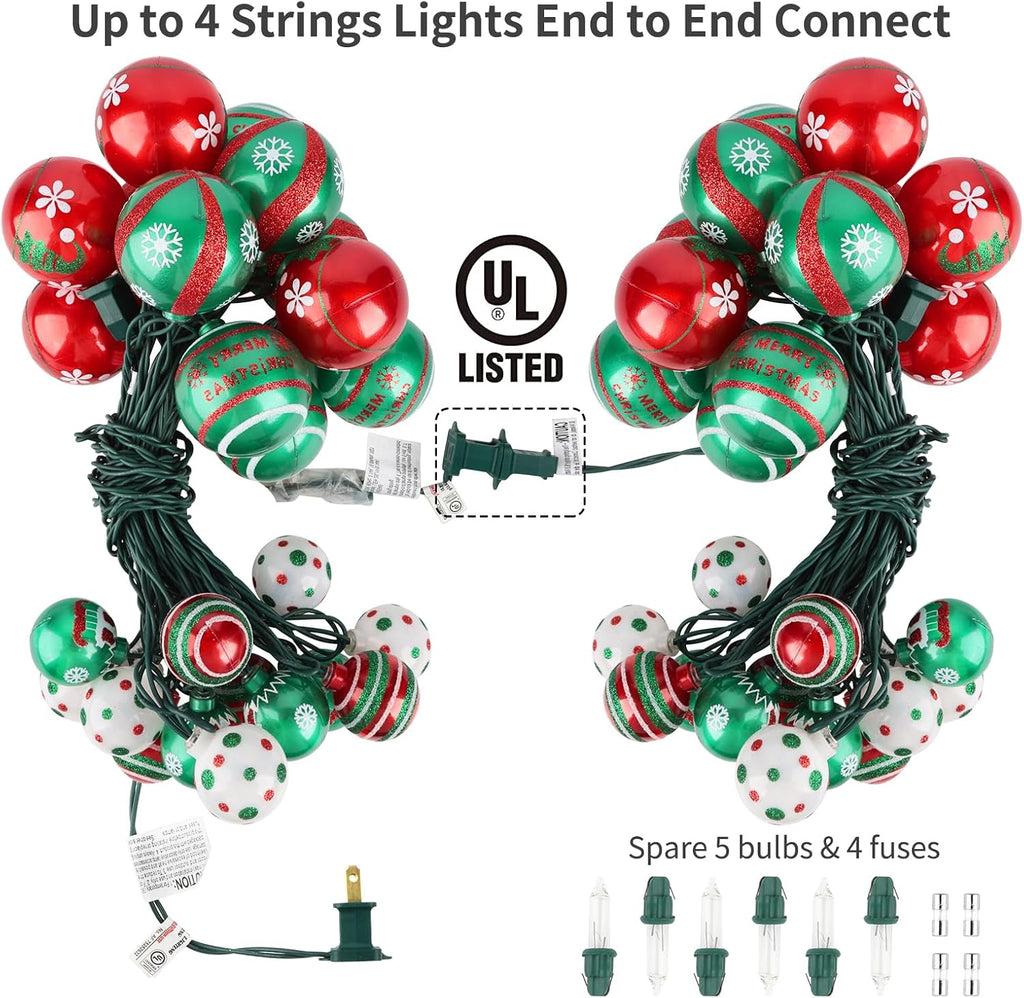 AIRIVO Grinch Christmas Tree Ball Ornaments with Lights 28ft, 25 Bulb Shatterproof String Lights End to End Connectable for Indoor & Covered Outdoor Christmas Decor