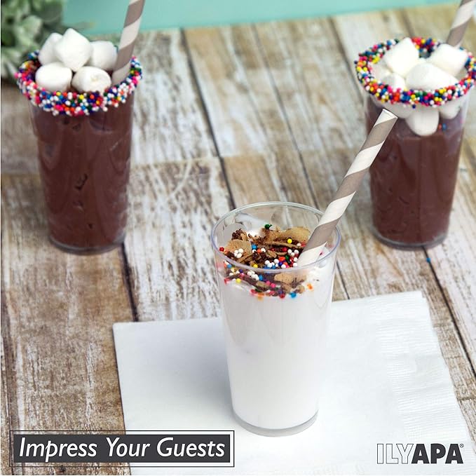 Ilyapa 3oz Plastic Dessert Cups - 100 Pack Mini Dessert Cups with Spoons - Clear Reusable Small Appetizer Cup for Cheesecake Shooters, Chocolate Mousse, Parfait - Party and Catering Supplies - Round