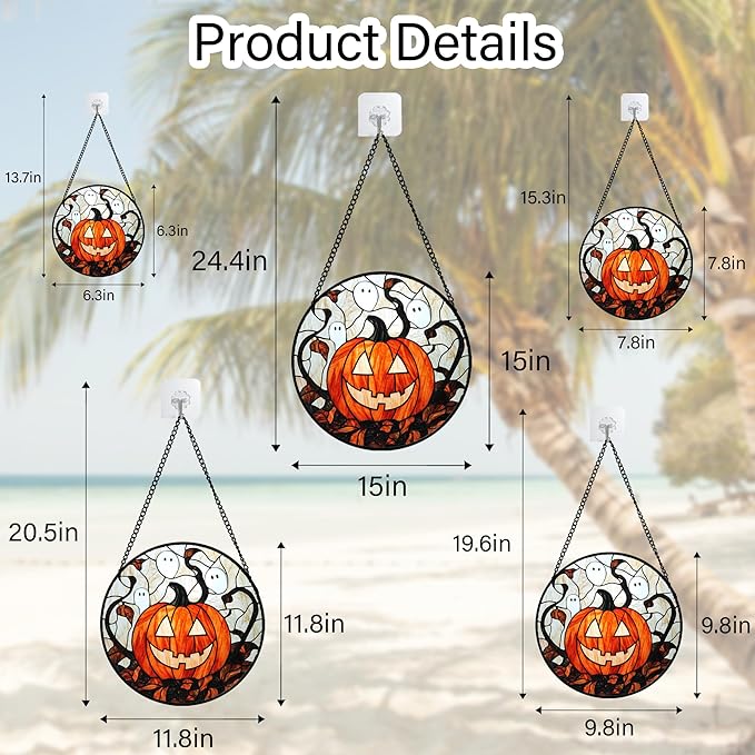 Stained Glass Window Hanging - Halloween Decorations Pumpkin Ghost Suncatcher for Doors Garden Indoor Spooky Funny Orange Sun Catchers Gothic Decor Horror Gifts for Women Men Friend 15 in