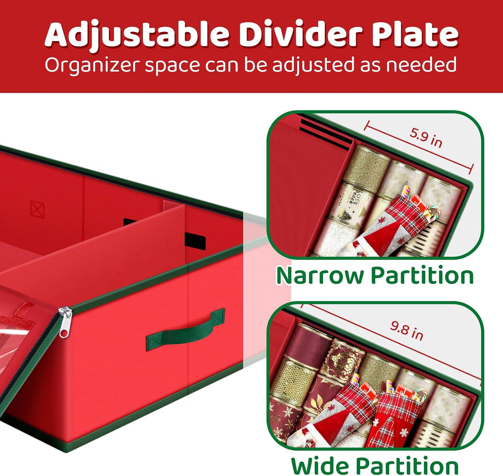 Fabspace Christmas Wrapping Paper Storage Containers, 40 Inch Gift Wrap Organizer, Visible Supplies Pockets for Xmas Accessories, Underbed Storage for Christmas Decorations, Red