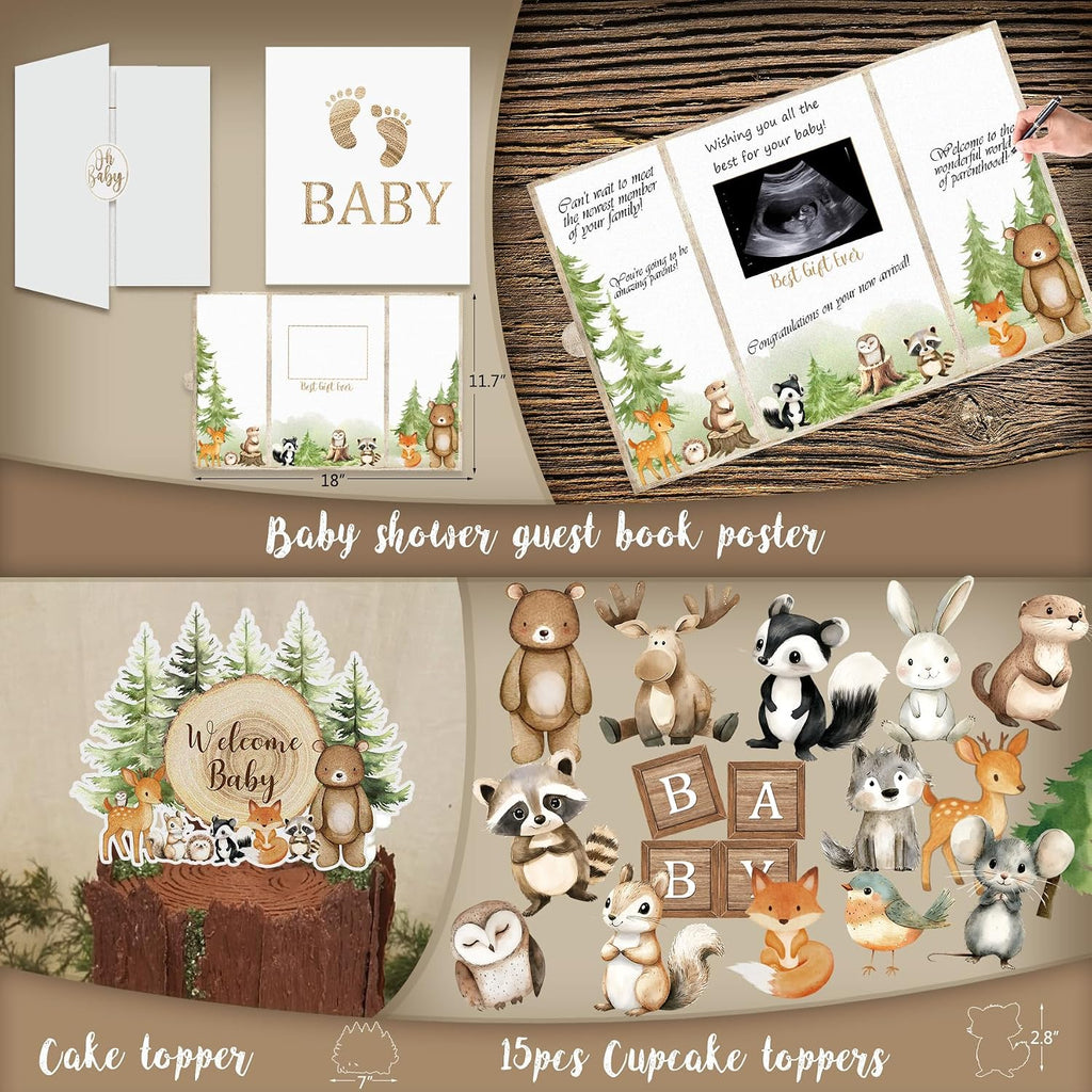 Woodland Animals Baby Shower Decoration Party Supplies, Forest Animal Neutral Gender Reveal Party Decorations, Backdrop Balloon Arch Box Mom to Be Sash Dad to Be Pin Tablecloths Cake Topper
