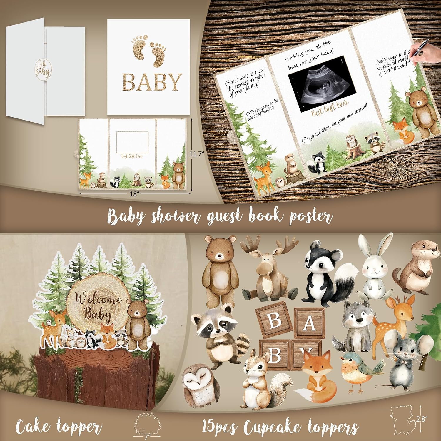 Woodland Animals Baby Shower Decoration Party Supplies, Forest Animal Neutral Gender Reveal Party Decorations, Backdrop Balloon Arch Box Mom to Be Sash Dad to Be Pin Tablecloths Cake Topper