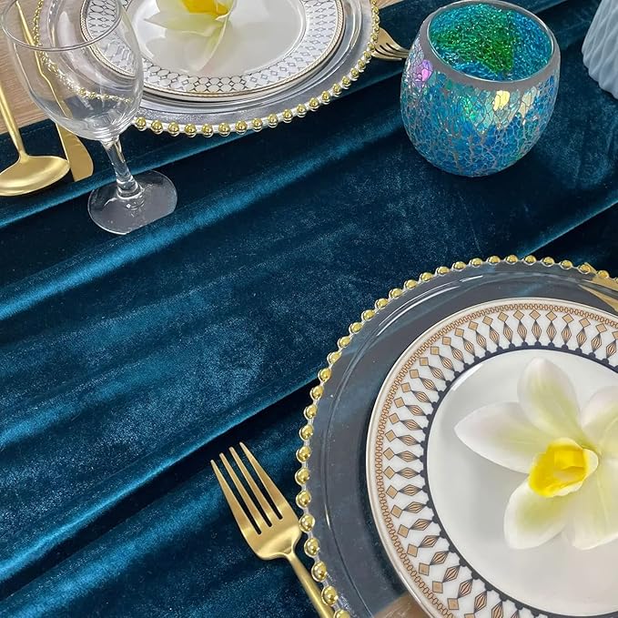 Luxurious Velvet Table Runner, 10ft Wedding Reception Decorations, 20x120inch Soft Velvet Fabric, Table Linen Overlay, Wedding Table Runners (Teal Blue, 20X120inch, 5pack)