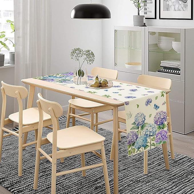 Spring Hydrangea Flower Table Runner, Seasonal Summer Plants Watercolor Florals Butterfly Dinner Runner for Home Kitchen Dining Table Party Holiday Decoration 13"x120"