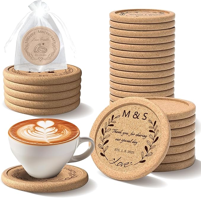 Custom Coasters Personalized Cork Coasters Bulk with Logo Wedding Personalized Cork Natural Wood Engraved Drink for Wedding Favors (Cork Coasters - Circle)