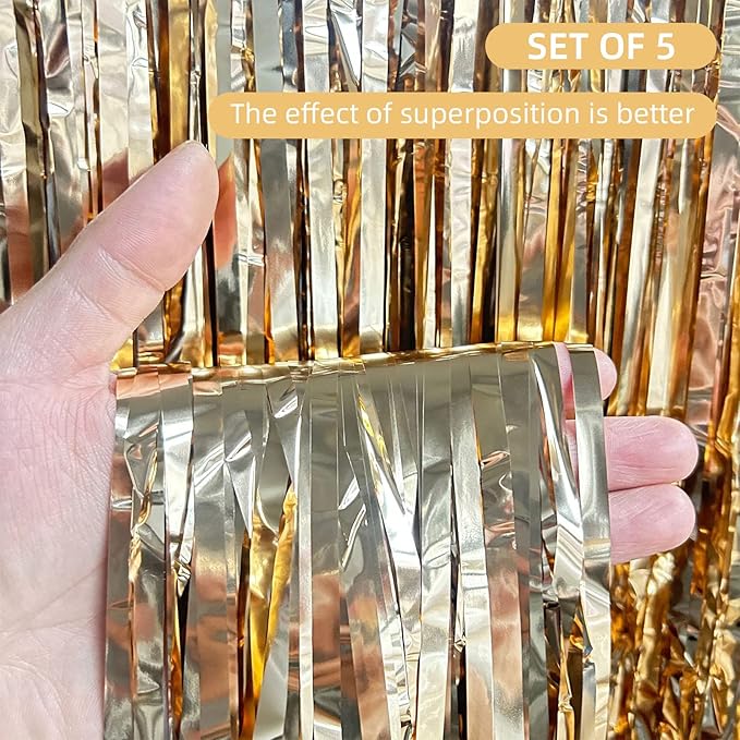 5 Pack Champagne Gold Foil Curtain Backdrop 3.2ft x 9.8ft Metallic Tinsel Foil Fringe Curtains Streamer Photo Booth Backdrop for Birthday Party Engagement Bachelorette Party Decorations