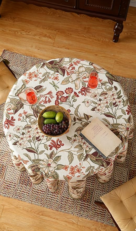 ISAENNE Designer Bohemian Linen Round Table Cloth,Colorful Floral Pattern Tablecloth,Wrinkle Resistant Decorative Tablecloths for Dining Thanksgiving Kitchen Party,Diameter 67"-Grace A