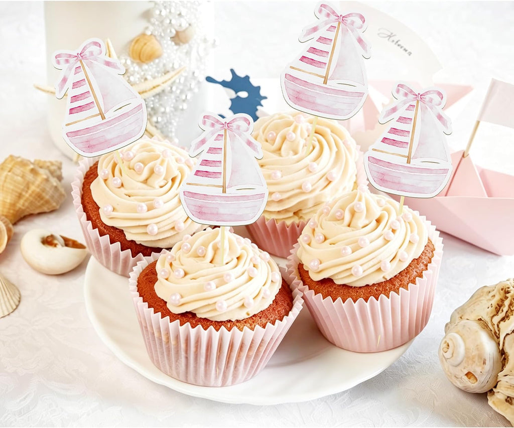 24 Pcs Sailboat Cupcake Toppers, Nautical Cupcake Toppers (pink) | Food Fruit Picks for Decoration Party Favors