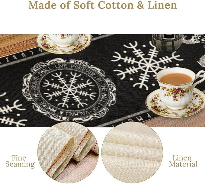 Ancient Abstract Pattern Table Runner, Tree of Life Eagle Dragon Boat Rudder Black and White Table Runner 13x70 Inch