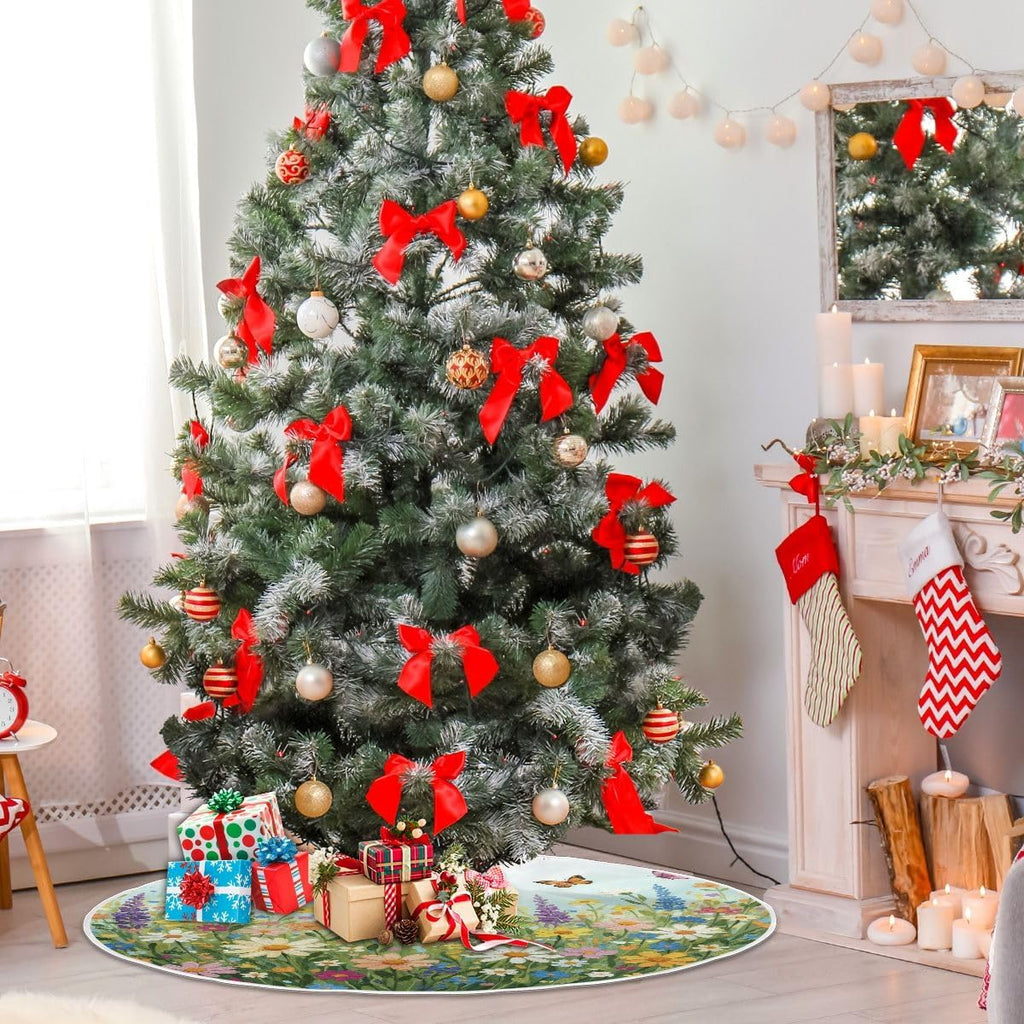 SUABO Spring Floral02 48 Inch Christmas Tree Skirt, Soft Xmas Tree Mat for Party Decoration Holiday Decor Christmas Decorations Indoor Outdoor