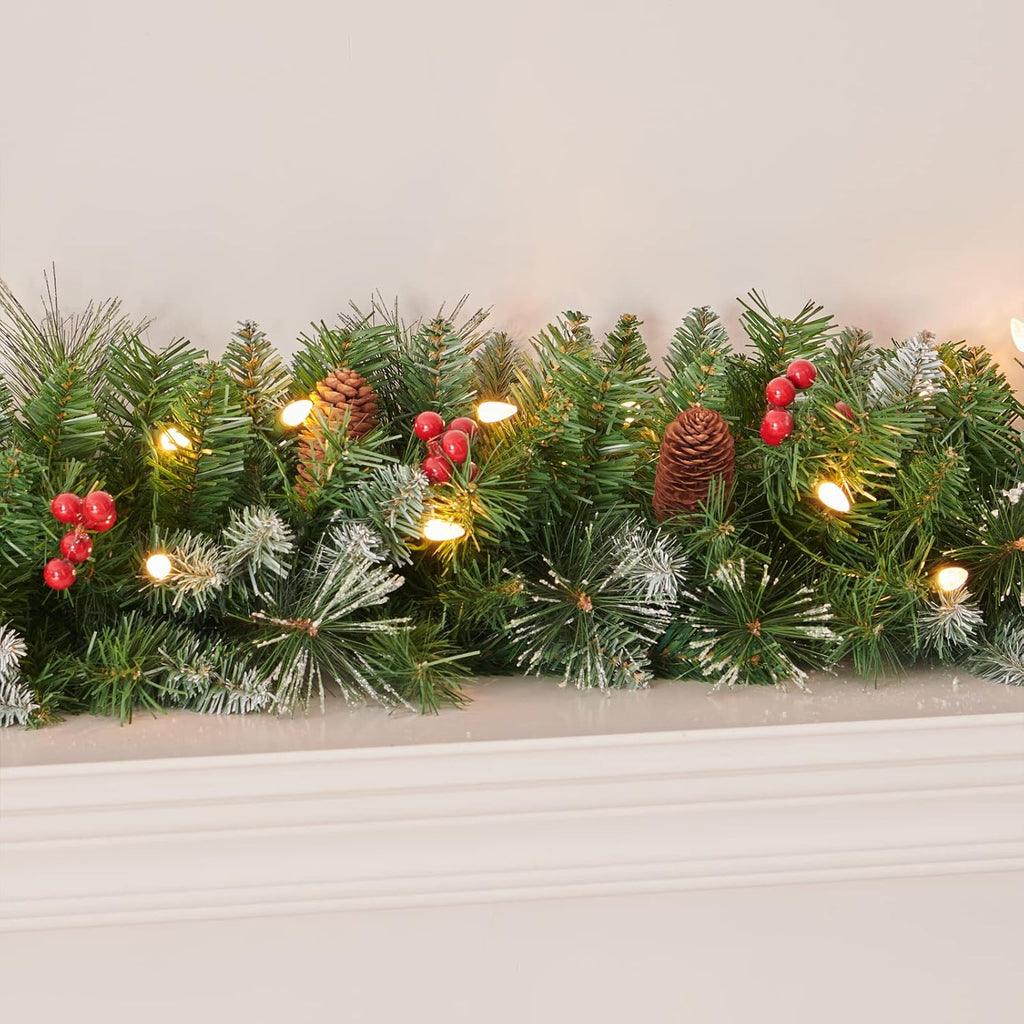 9 feet pre-lit christmas garland, mixed pine decorated, side view