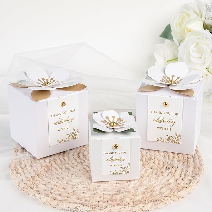 FEIYI 20 PCS White Gift Boxes, 3 In 1 Favor Boxes with Floral Decor, White Thank You Tags Cupcake Containers Gift wrapping for Wedding, Baby Shower, Birthday, Decorations Party - 3.55x3.55x3.55