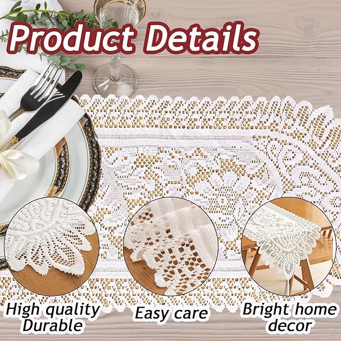 Tinsow 2 Pack Cotton Crochet Lace Rectangular Table Runner Dresser Scarf Doilies (White Style, 13" X 44")