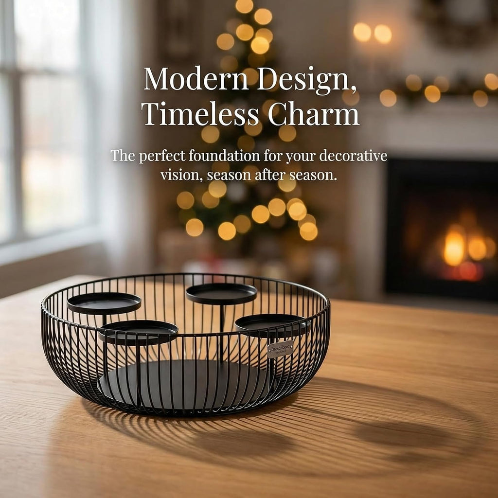4-Tray Matte Black Candle Holder - Round Pillar Candle Holder for Fireplace Mantel, Dining Table Centerpiece, Modern Wire Basket Candle Stand for Home Decor, Wedding & Holiday Decorations