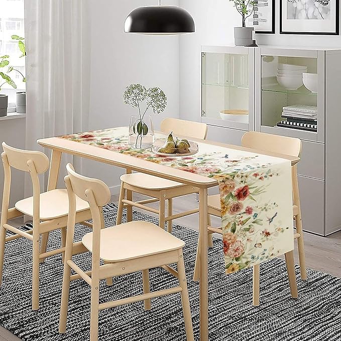 Rustic Floral Table Runner, Watercolor Flower Leaves Hummingbird Butterfly Farmhouse Kitchen Dinning Table Runner for Indoor Outdoor Home Wedding Party Holiday, 13x90 Inch
