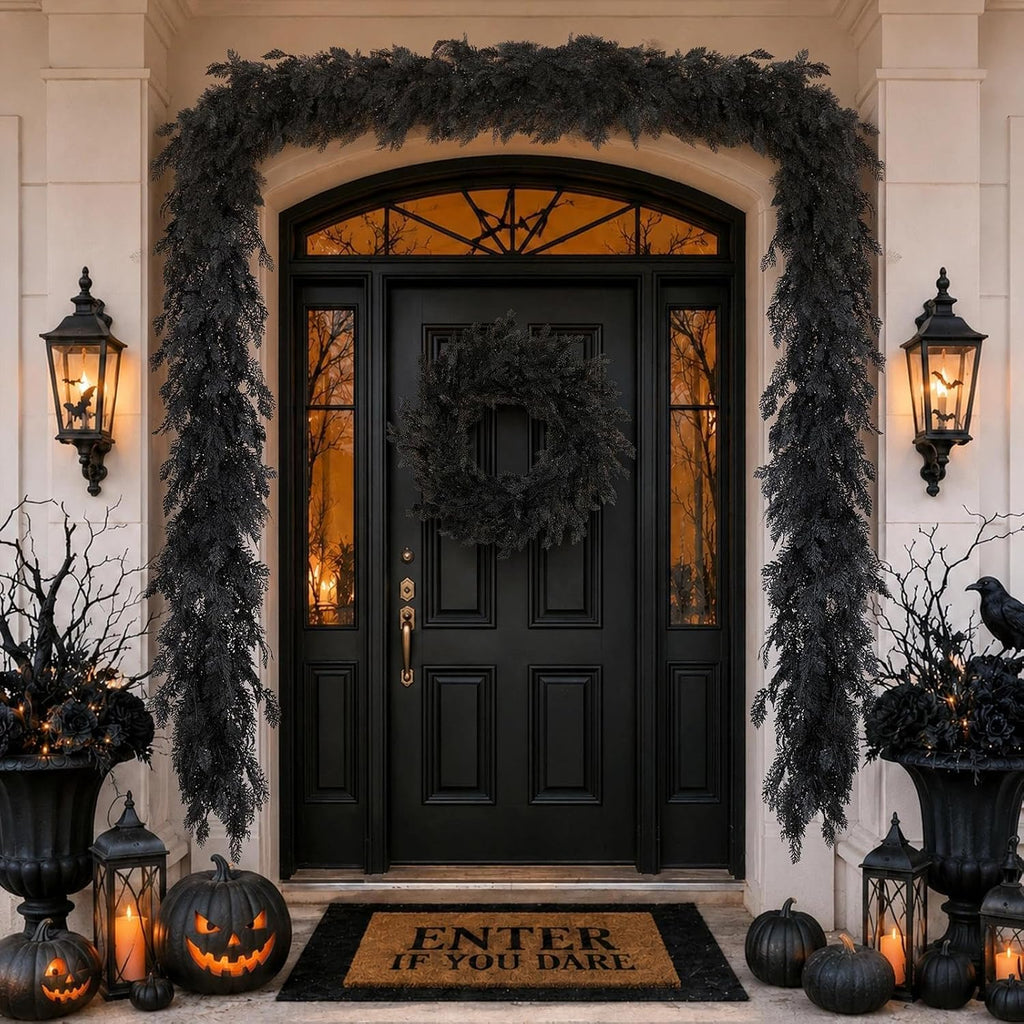 halloween garland 8.9ft decorations black real touch cedar, side view