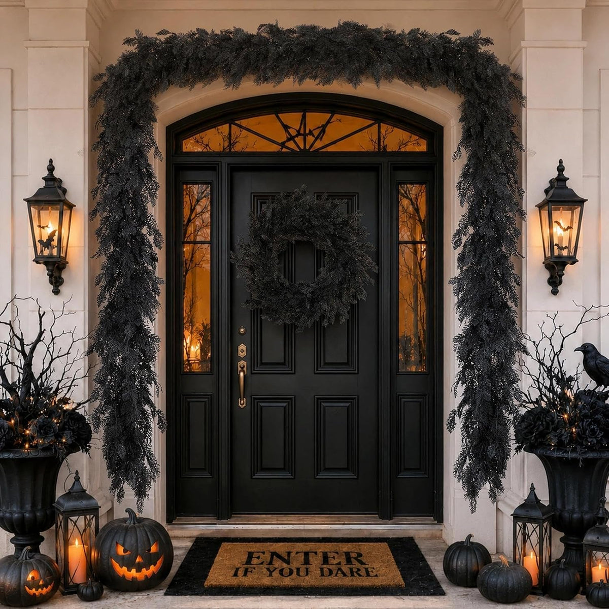 halloween garland 8.9ft decorations black real touch cedar, side view