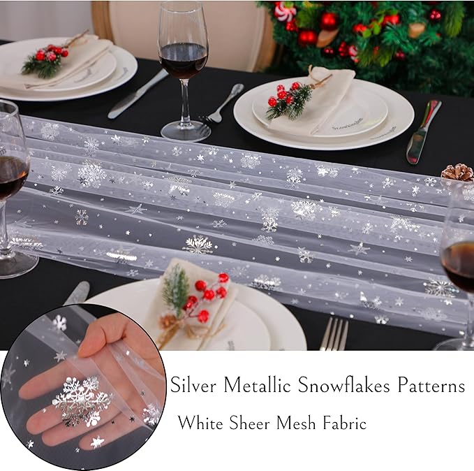 Snowkingdom Christmas Snowflake Cheesecloth Table Runner Silver 120 Inch Sheer Chiffon Gauze Runner, Winter Decorations Sparkly Sequin Metallic Party dining Table for Christmas Winter Holiday New Year
