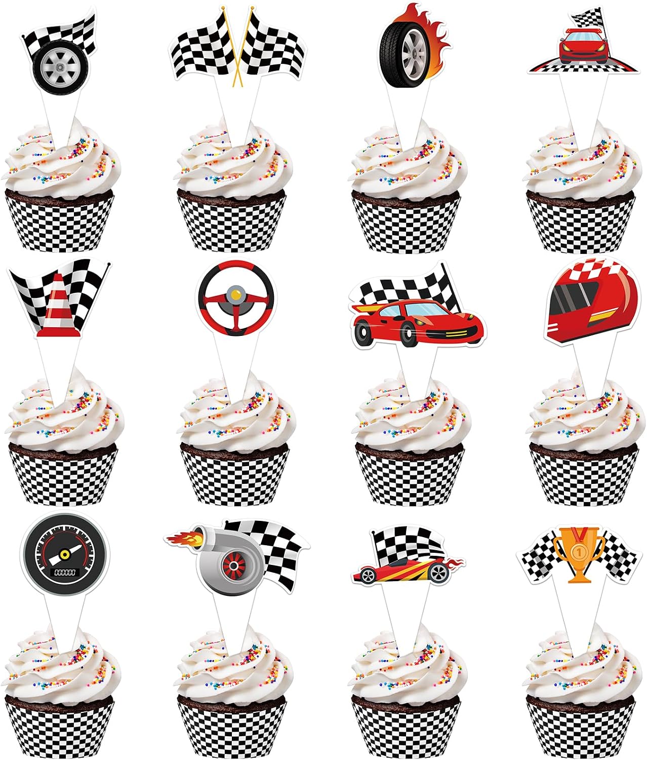 48 Pack Race Car Cupcake Toppers and Wrappers, Race Car Party Cake Decoration for Racing Checkered Theme Birthday Party Baby Shower Supplies