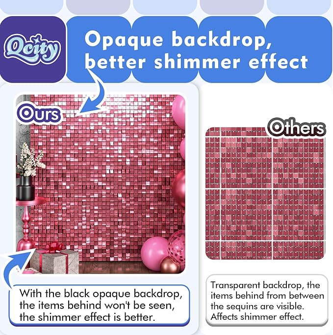 Qcity Pink Shimmer Wall Backdrop 24PCS, Black Back Not See-Through Design, Square Sequin Glitter Backdrop Panel, Perfect for Outdoor Events, Birthdays, Wedding and Party Decoration