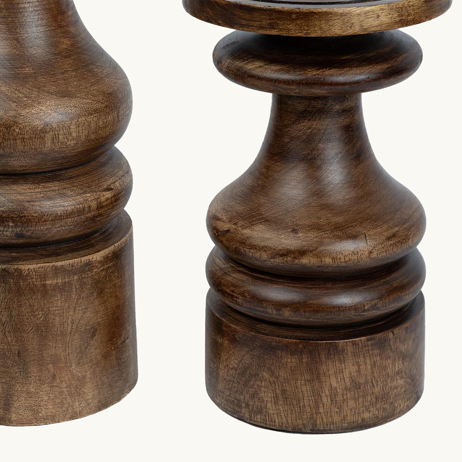 Wood Candle Holders Set of 2 Farmhouse Boho Pillar Candle Stands with Glass Covers Handmade Wooden Table Centerpiece Decor
