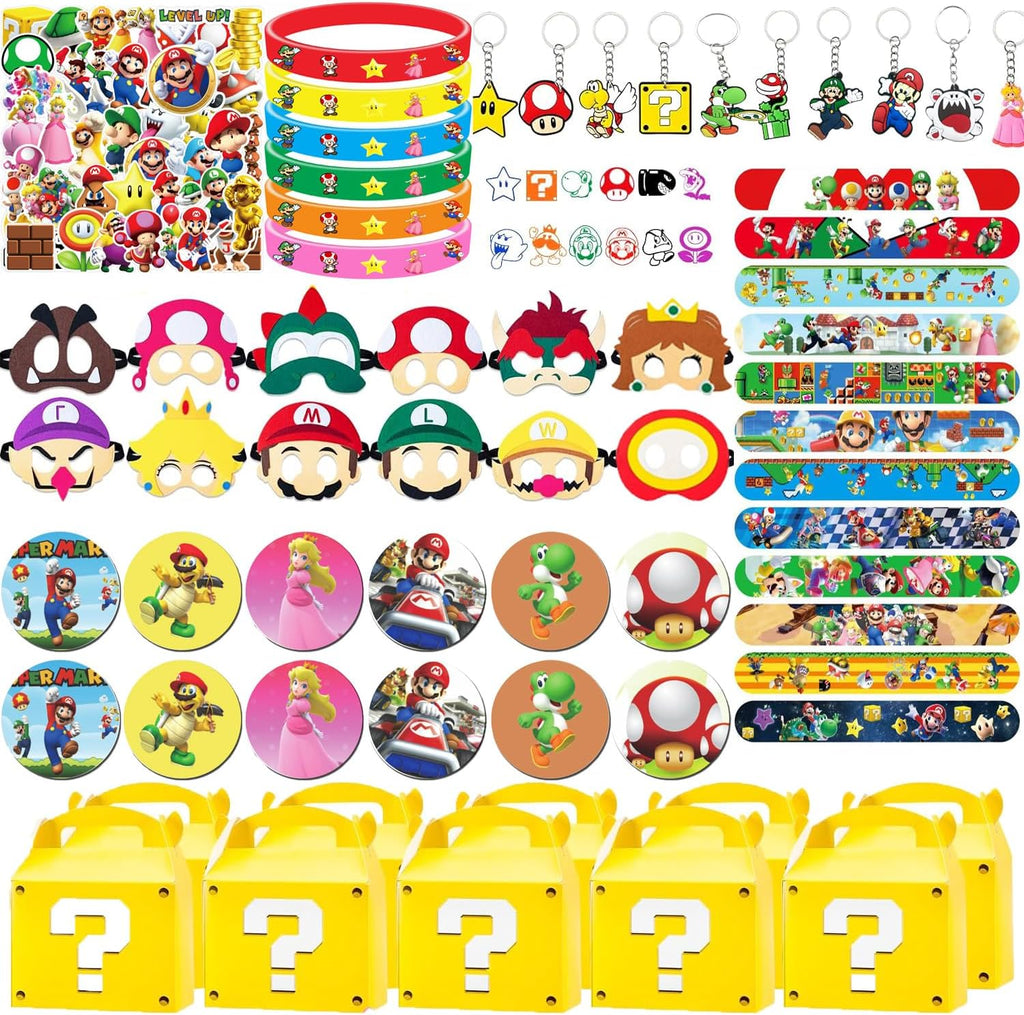 134PCS Party Favors Birthday Supplies,12 Guests Birthday Party Decorations,Include Stamps,Slaps,Key Chains,Masks,Gift paper Bags,Wrists, Button Pins,Stickers, Game On Gaming Party Favors Decor