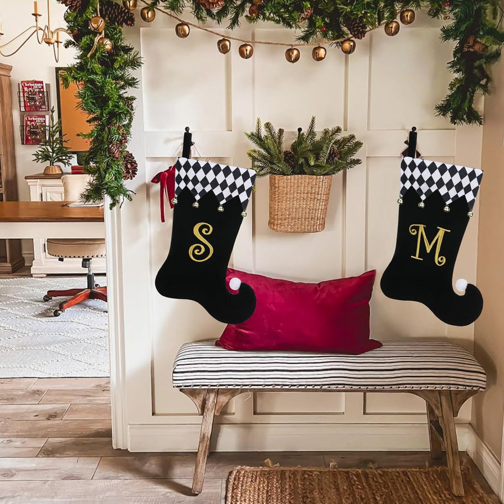 Personalized Elf Christmas Stocking,Black Velvet w/Gold Initial | 19"Black Velvet Christmas stocking,Checkered Cuff & golden jingle Bells,Holiday decor for Fireplace mantel/gifting-Letter J