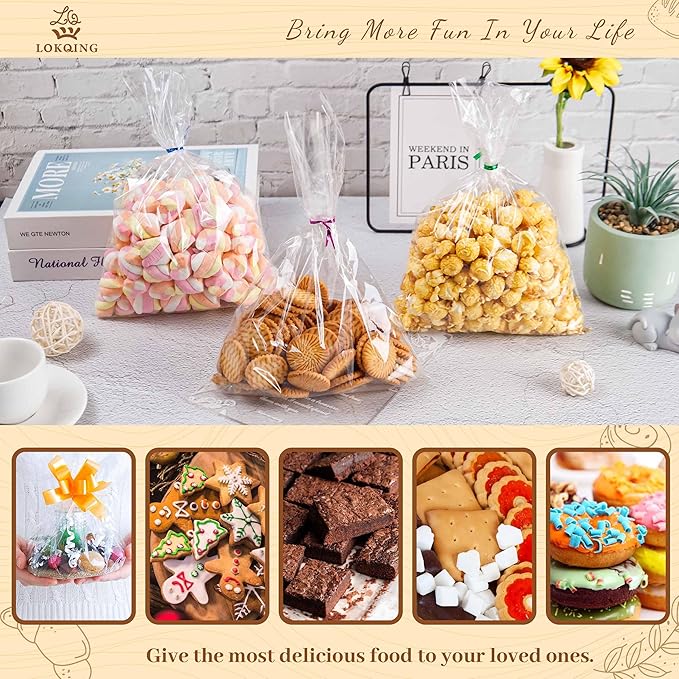 LOKIQNG Cellophane Bags Plastic Gift Bag Clear Cookie Treat Bags with Twist Ties for Party Favor Bag(200 Pack, 8x11inch)