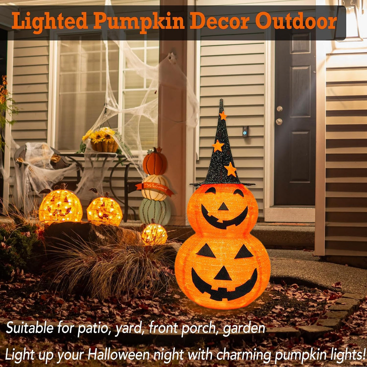 Cute Halloween Collapsible Pumpkin Decorations, 3ft Light Up Pumpkins for Dec...