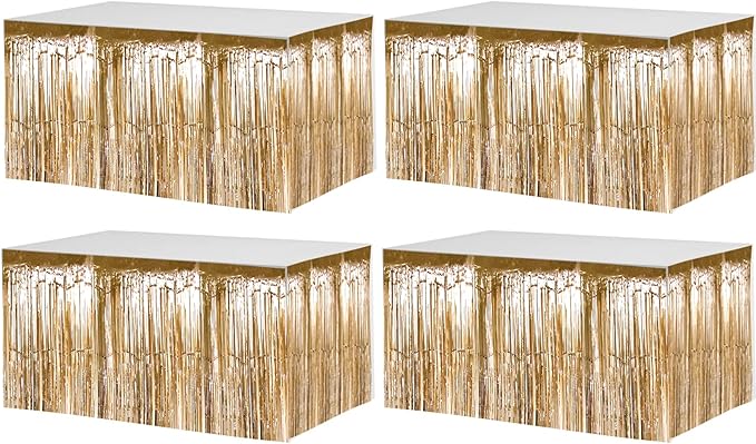 4 Pack 29x108 Inch Metallic Foil Fringe Tinsel Table Skirts for Rectangle Tables Streamer Curtains Backdrop for Christmas, Birthday, Parade Floats, Halloween Party Supplies(Champagne Gold)