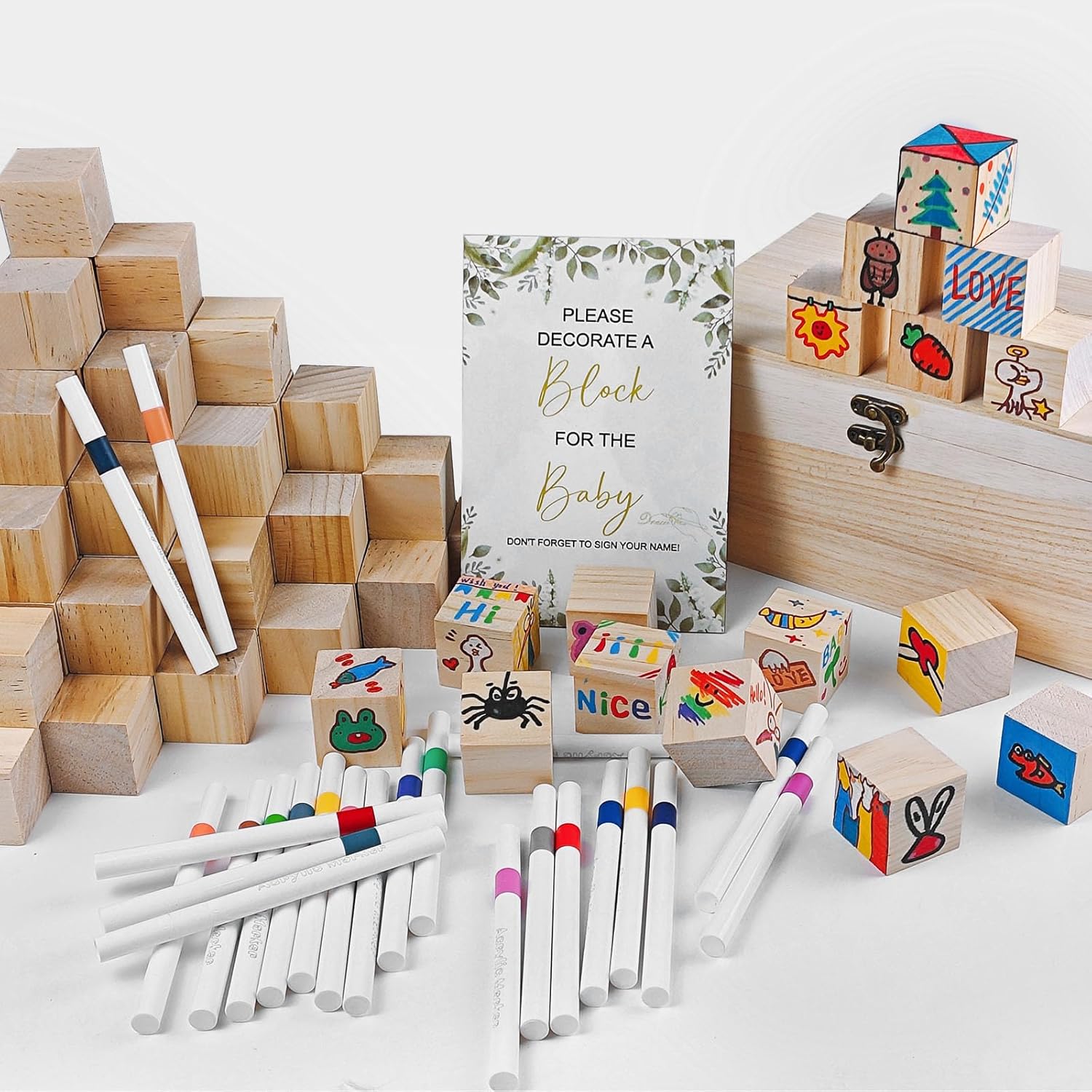 EIGTWEN 78 PCS Fun Baby Shower Games Sign Kit, Baby Blocks for Baby Shower | Blank Wooden Blocks, Games for Guest, Funniest Games Ever, Suitable for Boy and Girls, Fun Activities and Ideas