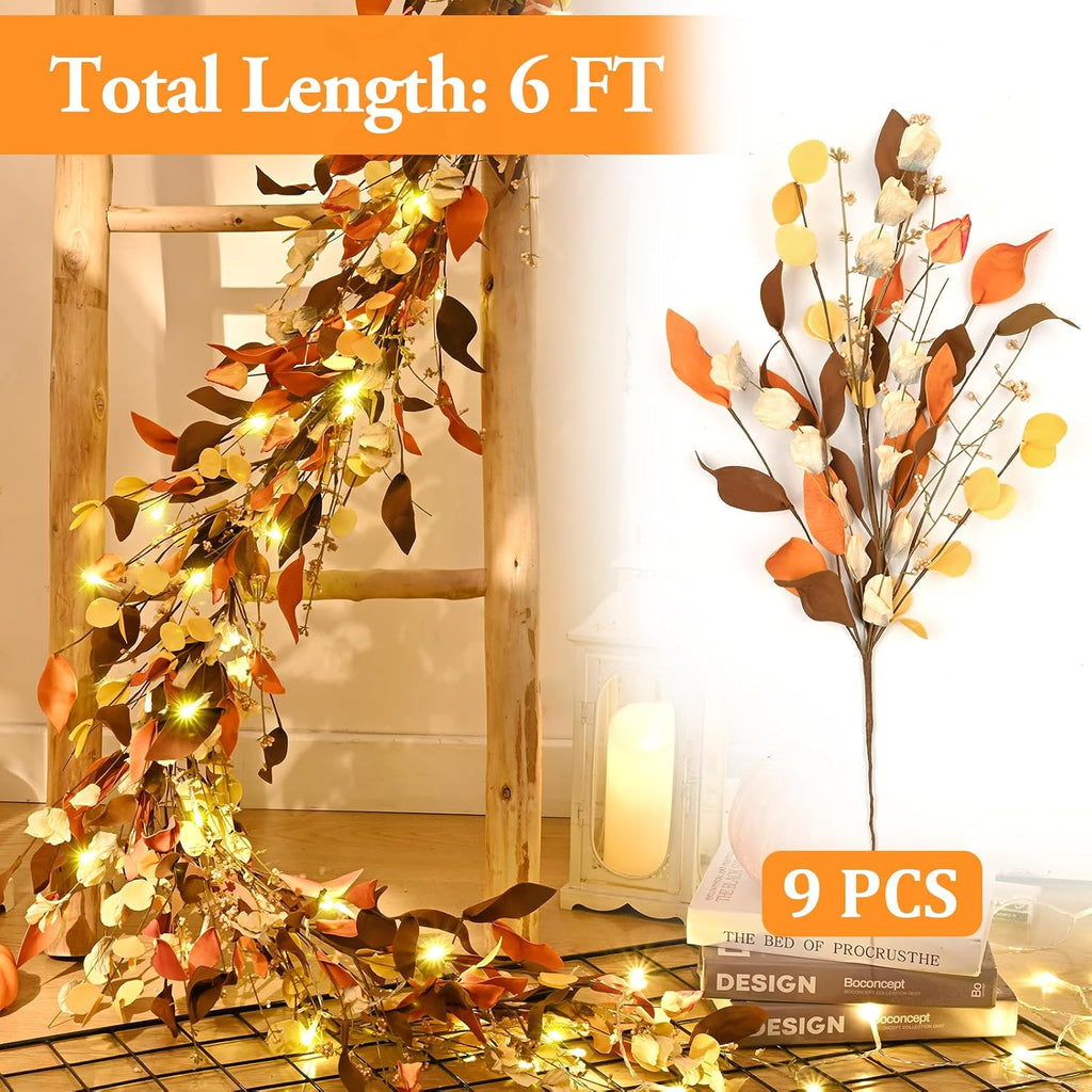 waipfaru fall decor, 6ft fall garland with lights, close-up detail