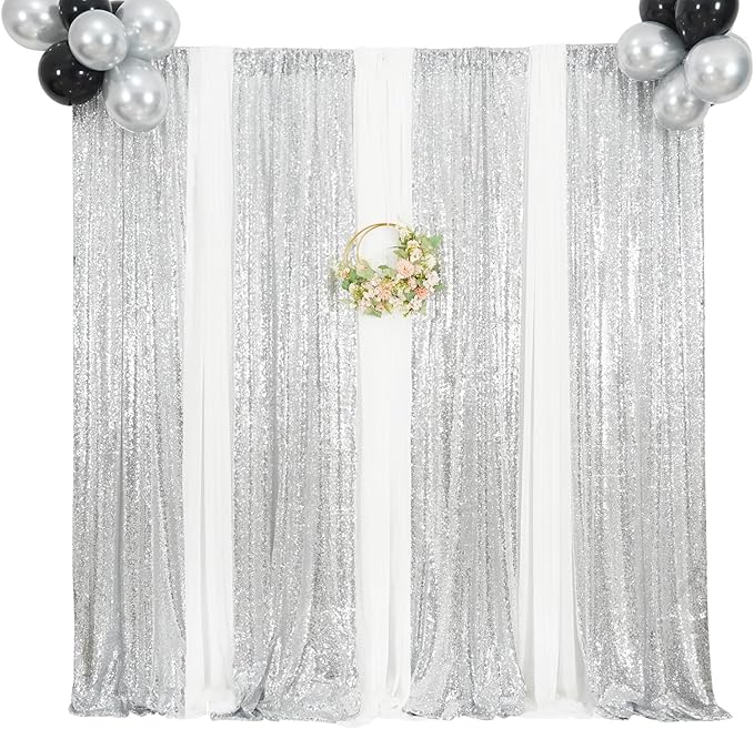 Poise3EHome Silver Sequin Backdrop Curtains,2ft x 8ft Sequin Photography Backdrop Curtain 2 Panels for Party Decoration