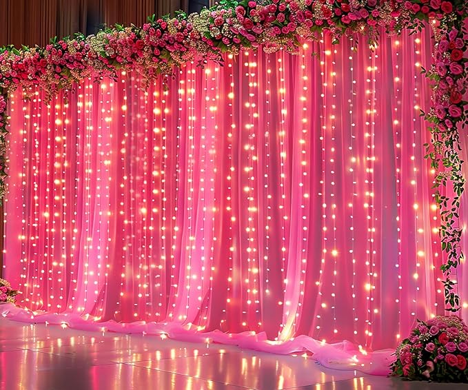 Hot Pink Tulle Backdrop Curtain with Lights String for Parties 30x8ft Fuchsia Sheer Backdrop Curtains for Weddings Birthday Party Baby Shower Photo Shoot Background Decorations(6 Panels 5ft×8ft)