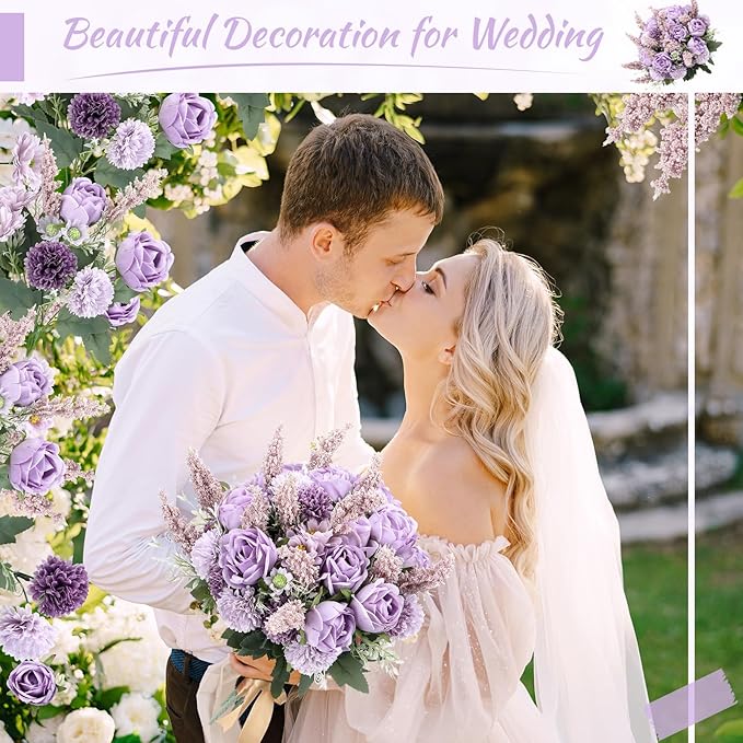 Zeyune 8 Pcs Wedding Silk Flowers Fake Silk Flowers Faux Bouquet Hydrangea Bouquets for Wedding Birthday Party Table Centerpieces Home Decoration (Purple,Rose)