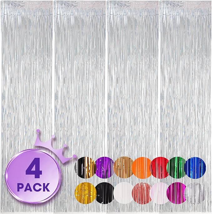 4 Pack Laser Silver Foil Fringe Backdrop Curtains, Tinsel Streamers Birthday Party Decorations, Fringe Backdrop for Graduation, Baby Shower, Gender Reveal, Disco Party