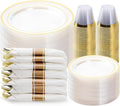BESTVIP 350PCS Clear Gold Plastic Dinnerware Set for 50 Guests, Disposable Party Plate for Christmas and New Year,Halloween, Include: 100 Plastic Plates, 50 Pre Rolled Napkins with Silverware, 50 Cups