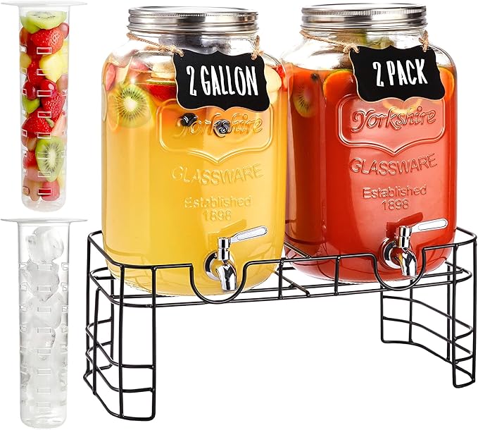 2 Gallon Glass Drink Dispenser for Parties, 2 Pack Beverage Dispenser with Stand, Lemonade Dispenser with 18/8 Stainless Steel Spigot, Leakproof for Sun Tea, Juice, Picnic, BBQ & Bars