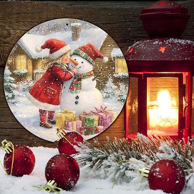 Round Wall Decor Christmas Metal Tin Sign Girl and Snowman Sign Rustic Wall Decor Wall Plaque Snowman Wreath Sign for Christmas Round Wreath Wall Decor Vintage Garage Yard Home 12 * 12 in