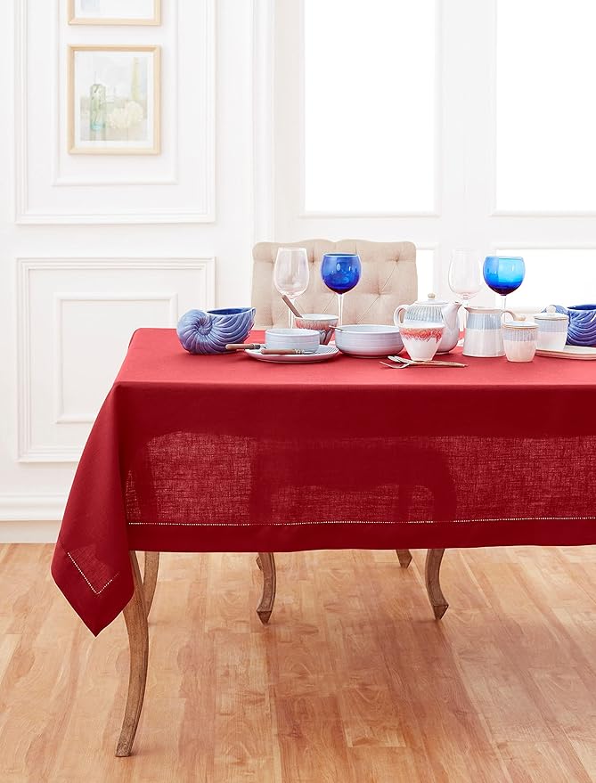 Solino Home Linen Red Tablecloth 60 x 90 Inch - Classic Hemstitch, 100% Pure Linen Rectangular Tablecloth - Machine Washable Table Cloth for Christmas, Holiday