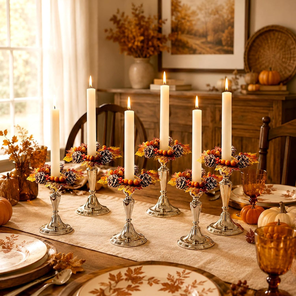 6 PCS Fall Taper Candle Rings 1.38" Mini Thanksgiving Taper Candle Holder Wreaths with Maple Leaves Pine Cones Berries Autumn Harvest Table Centerpieces Decor for Candlesticks Farmhouse Home Decor