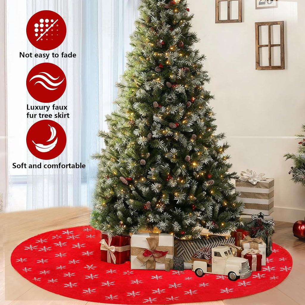 Christmas Tree Skirt, 48 Inch Red Luxury Faux Fur & Silver Sequin Snowflakes, 4ft Xmas Tree Skirt for Holiday Tree Ornaments Christmas Party Home Decorations