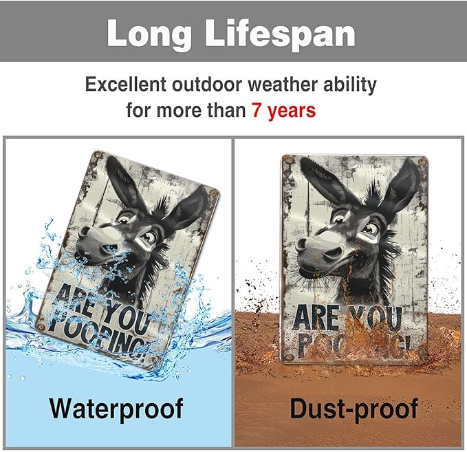 Funny Donkey "Are You Pooping?" Tin Sign - Vintage Bathroom Wall Décor, 8x12 Inches, Humorous Metal Sign for Indoor & Outdoor Use, Farmhouse-Style Wa