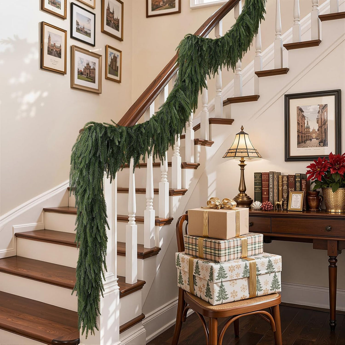 9ft christmas norfolk pine garland, real touch soft, front angle view
