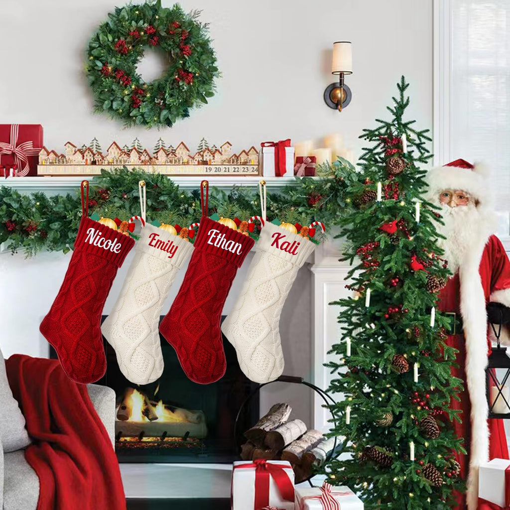 Personalized Christmas Stocking，Custom Name Family Christmas Stocking, 18” Large Knitted Xmas Stocking for Kids,Holiday and Family Stocking for Fireplace Christmas Holiday Party Decoration (1 pcs)
