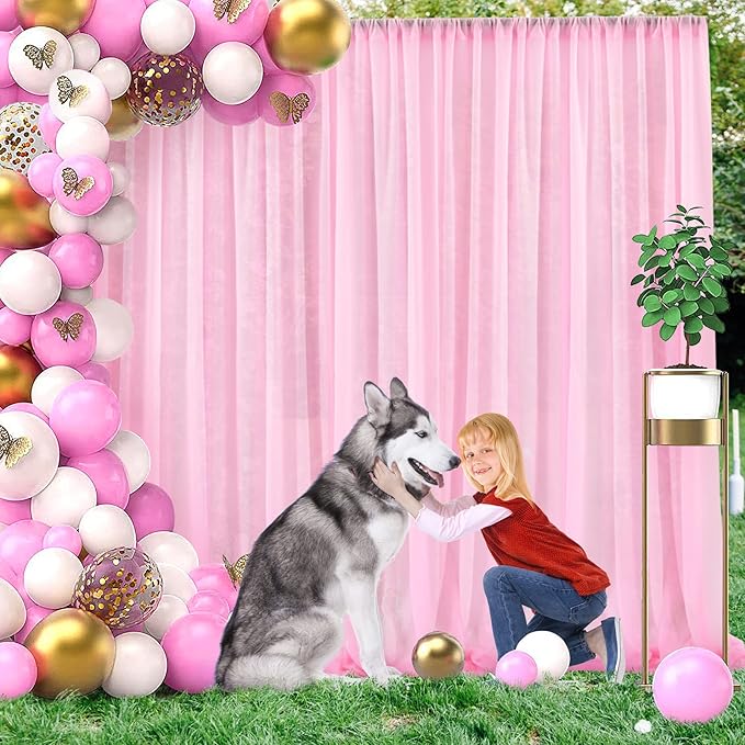 PARTISKY 10x7ft Pink Chiffon Backdrop Curtains, Wrinkle-Free Sheer Fabric Photo Drapes for Wedding Ceremony Arch Birthday Baby Shower Photography Stage Decor 5x7ft, 2 Panel